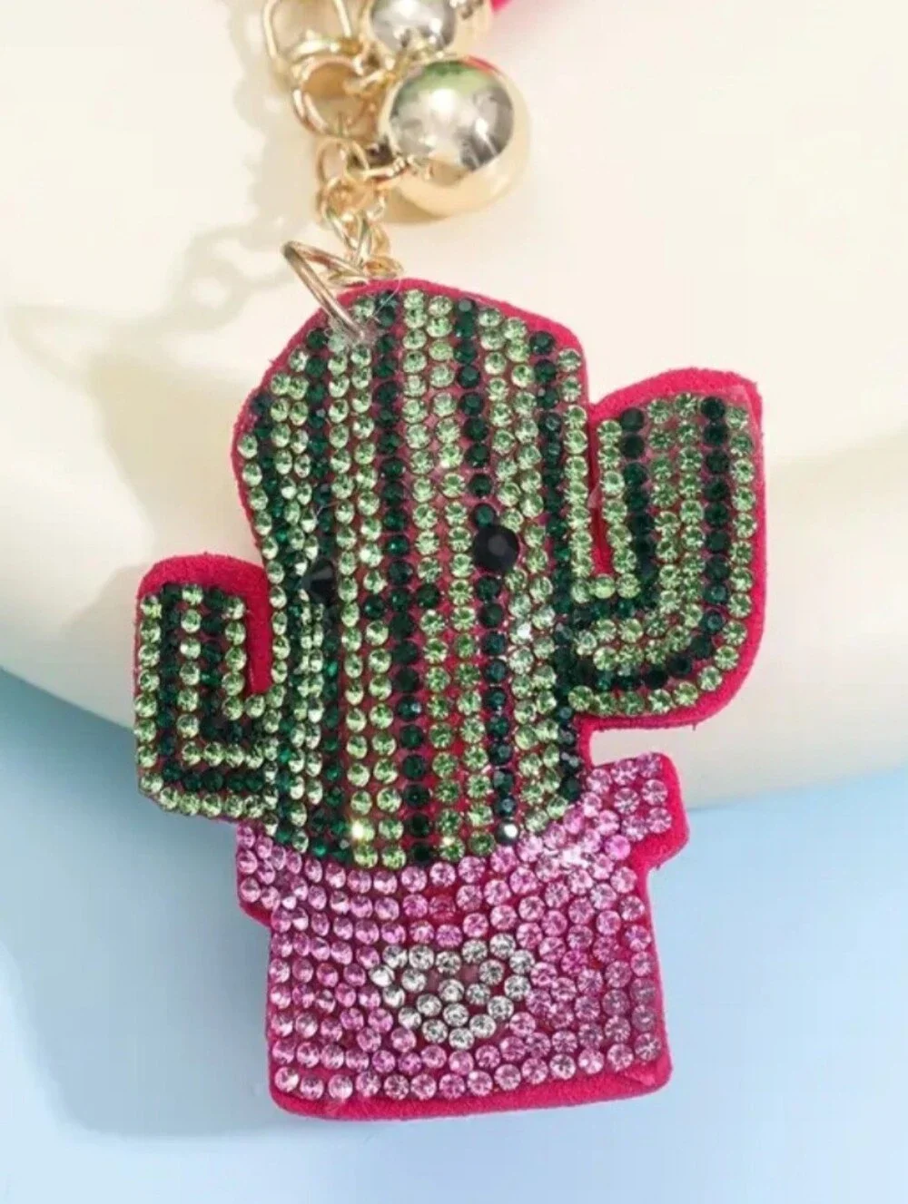 Western Cactus Crystal Rhinestone Keychain Bag Charm With Pink Tassel